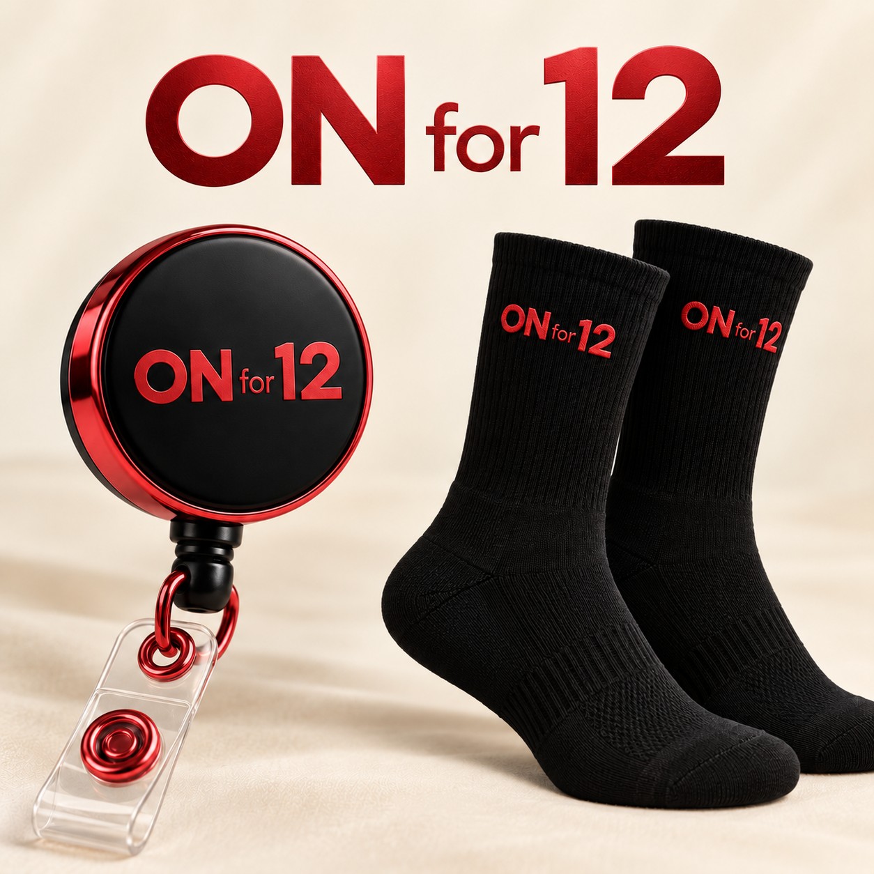 ON for 12 black + red matching badge reel and sock design concept