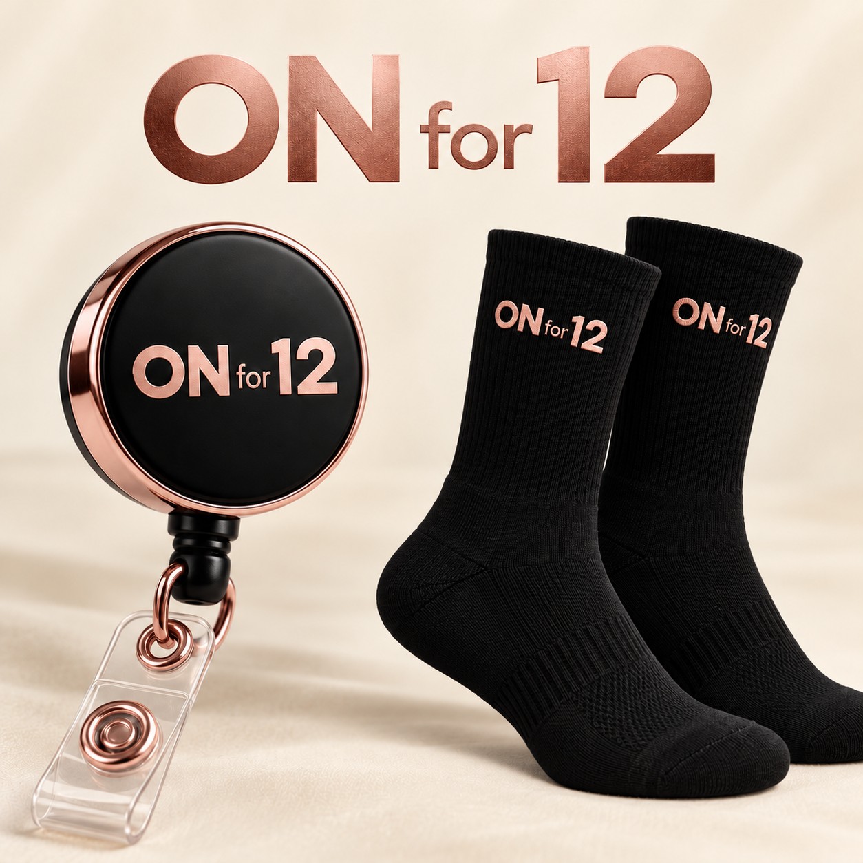 ON for 12 black + rose gold matching badge reel and sock design concept