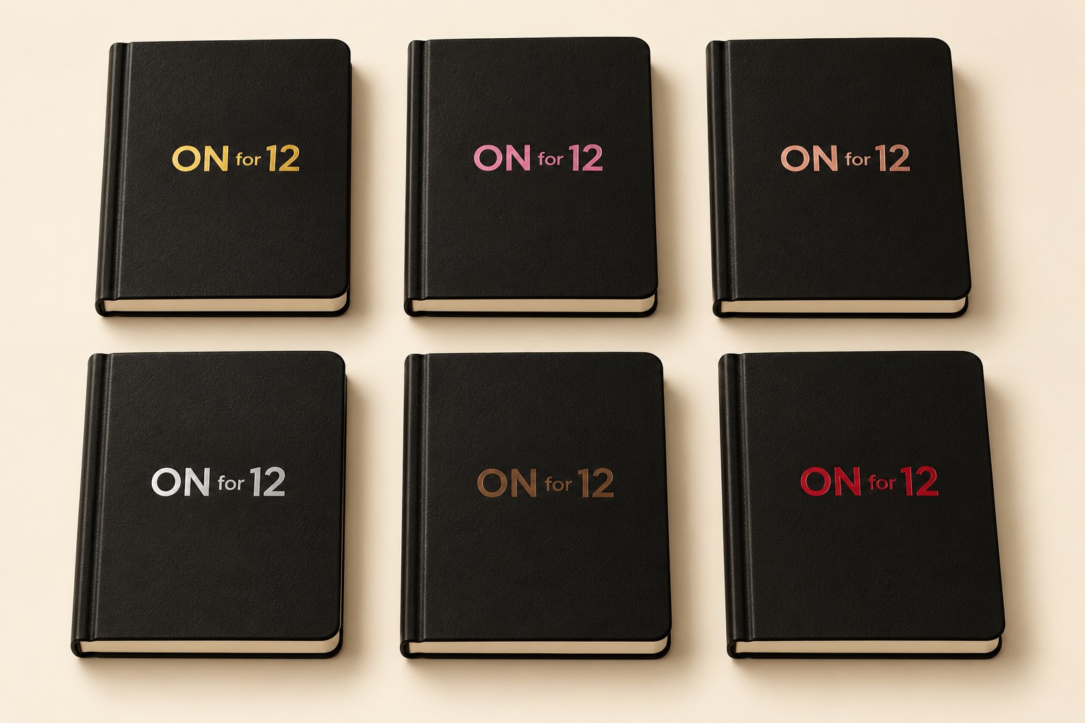 Six compact 5 by 4 inch black ON for 12 notebooks with colored cover logos