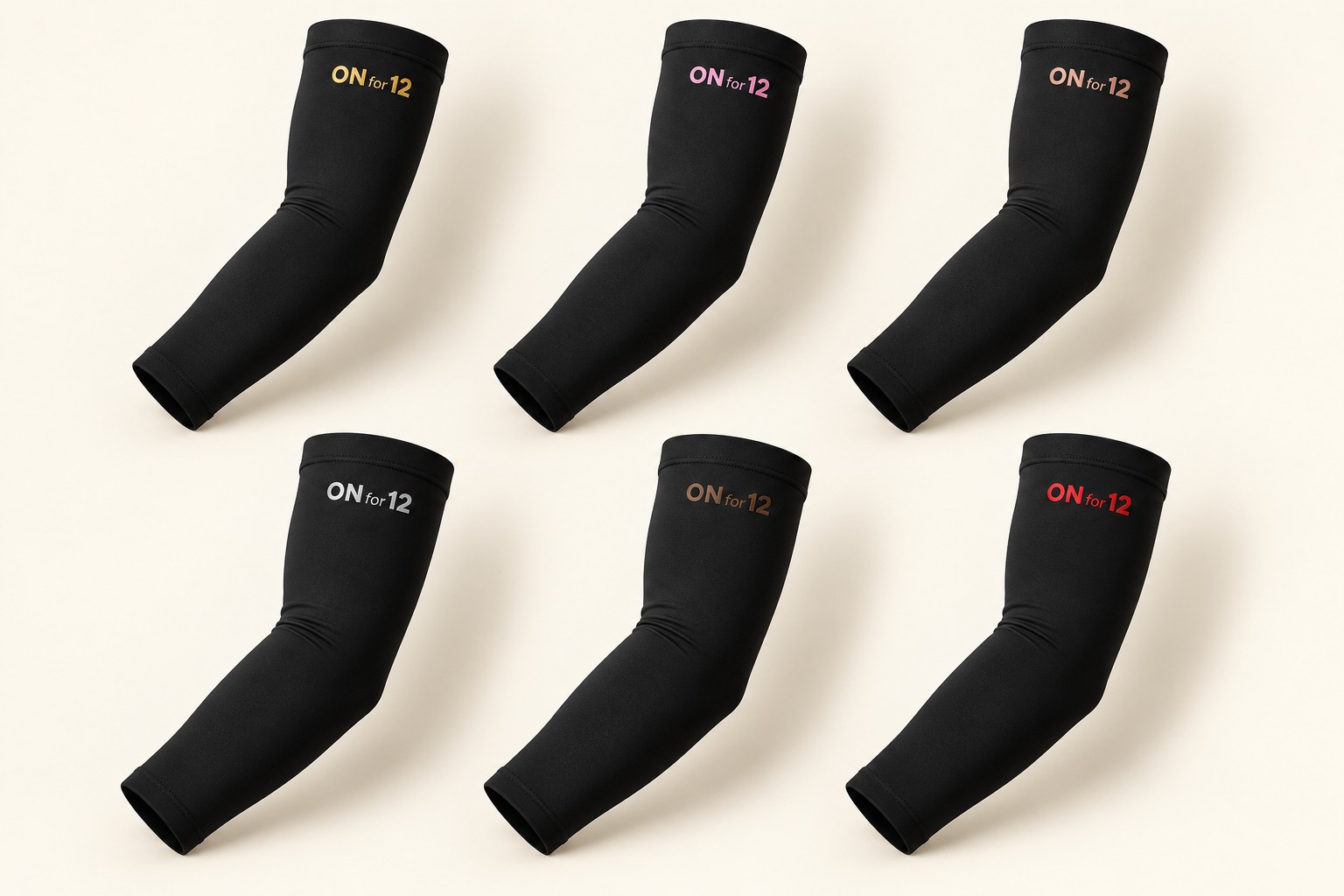 Six black ON for 12 tattoo-cover sleeve concepts with gold, pink, rose gold, silver, brown, and red logos