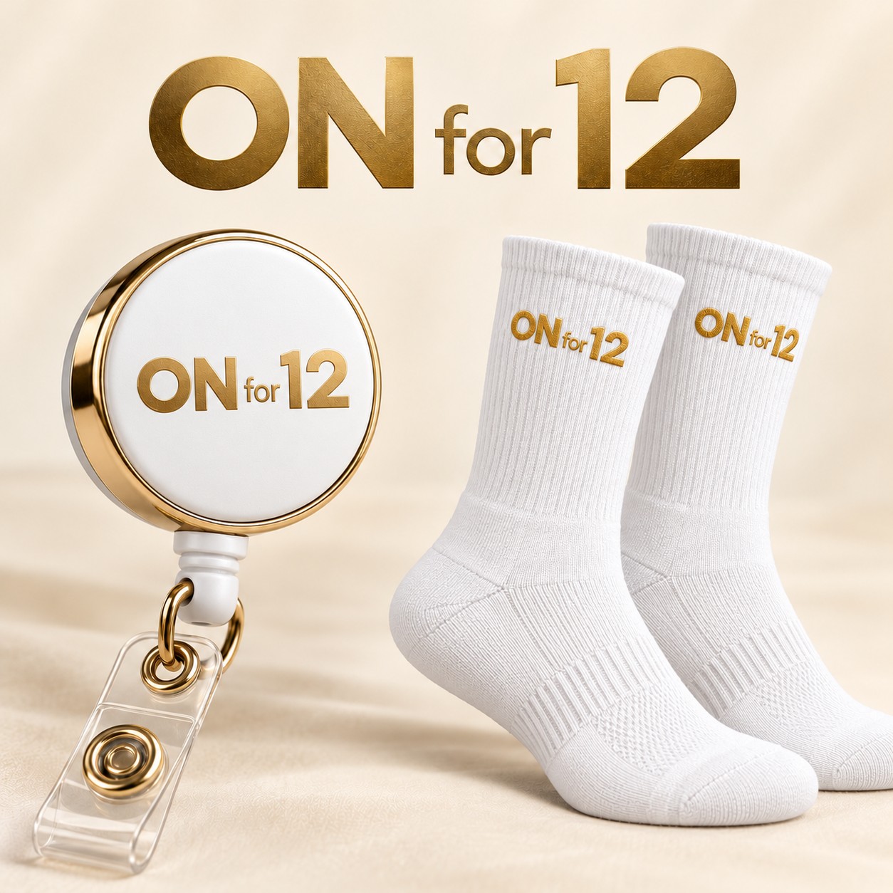 ON for 12 white + gold matching badge reel and sock design concept